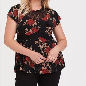 Torrid BLACK & RED FLORAL LACE PEPLUM TOP
